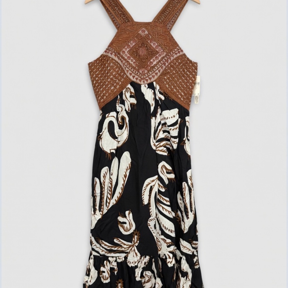 Anthropologie Brown Embroidered Bodice Black & Cream Maxi Dress